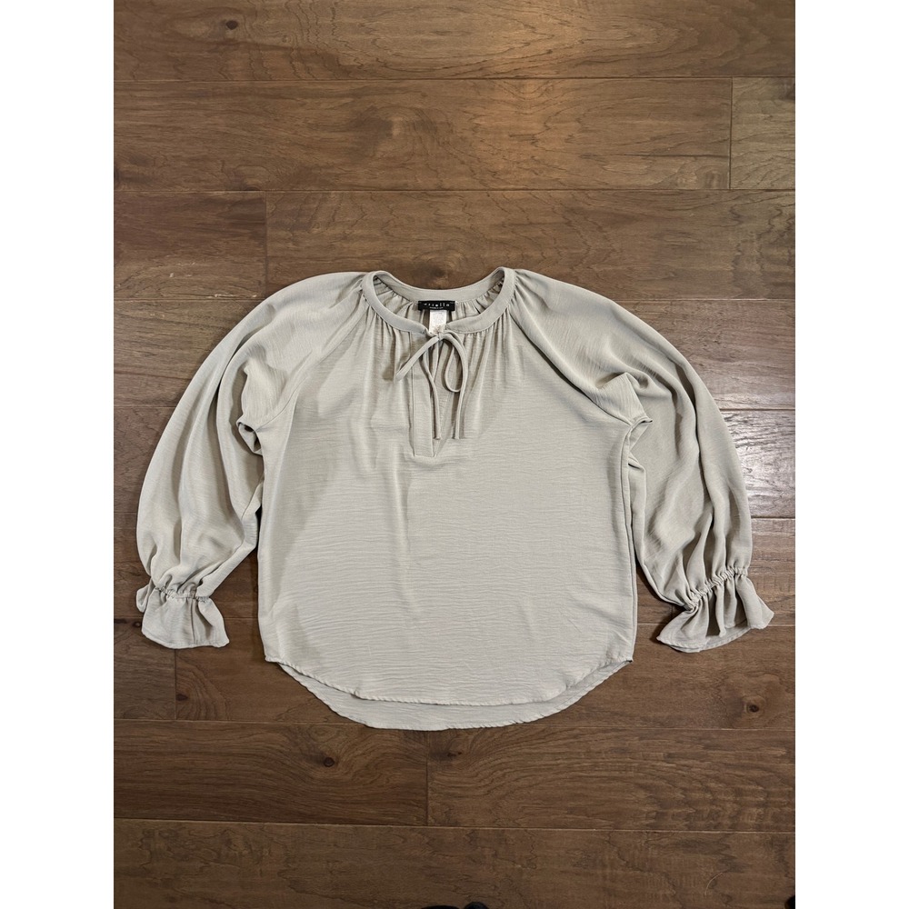 Ariella Sage Green Tie‎ Neck Peasant Blouse Ruffle Cuff Raglan Top T1598-W84 L